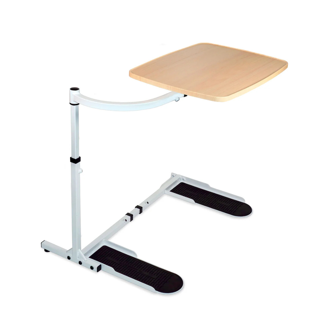 The Stander Wonder Tray - Swivel Living Room Tray Table features a light wood surface and white metal frame with flat supports that slide under beds or chairs—perfect as an adjustable laptop stand or meal tray.